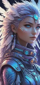 Fantasy warrior in intricate armor with blue highlights and celestial elements.