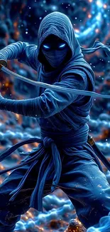 Epic blue-clad ninja warrior in action stance artwork.