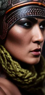 Mystic warrior portrait with ornate headgear and intense gaze against a dark background.