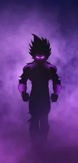 Silhouette of warrior with purple aura in mist.