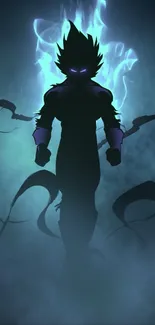 Silhouette of a warrior with a glowing blue aura in a misty background.