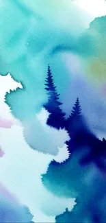 Serene watercolor phone wallpaper with blue and purple tones, featuring a forest silhouette.