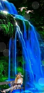 A vibrant blue waterfall with lush green and floating bubbles.