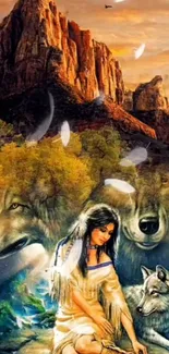 Native woman with wolves in a mystic landscape