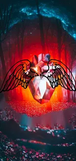 Winged heart glowing in vibrant red forest under starry sky.