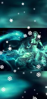 Mystic figure with snowflakes in teal hues.