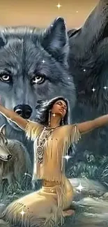 Mystical art of wolf and woman with dreamcatchers in serene setting.