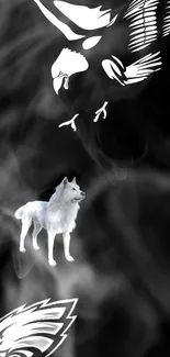 White wolf and eagle in smoke on black background wallpaper.