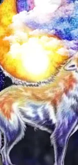 Vibrant wolf howling at a colorful moon with cosmic background wallpaper.