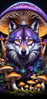 Mystical wolf surrounded by colorful mushrooms on a dark background.