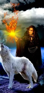 Mystical wolf and sorceress with fiery magic under moonlit sky.