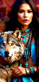 Mystical woman with wolf in vibrant tribal setting.