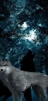 Mystical wolf in a moonlit forest wallpaper.