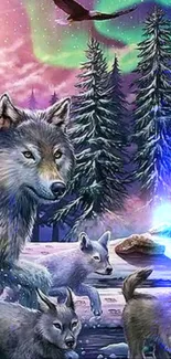 Mystical forest scene with wolves and aurora.