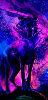 Mystical wolf in a purple galaxy scene with vibrant hues.