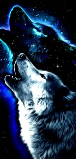 A mystical wolf howling against a blue and black cosmic background.