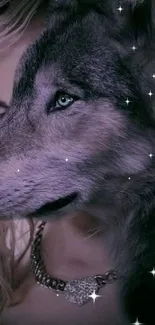 Mystical wolf and human hybrid illustration in purple-gray tones.