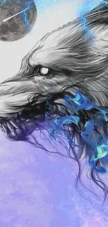 Mystical wolf with blue lightning art.