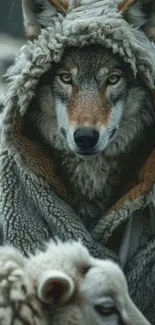 Wolf wearing a sheep disguise in a mysterious setting.