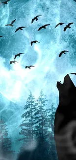 Wolf silhouette against full moon and flying birds, creating a mystical scene.