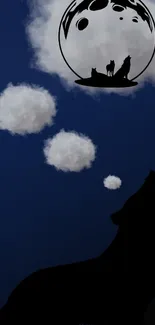 Silhouette of a wolf howling at the moon with clouds.