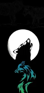 Artistic wolf howling at moon with vibrant colors on dark background.