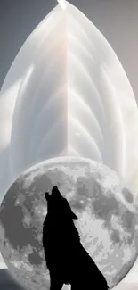 Silhouette of a wolf howling at the moon with a crystal background.