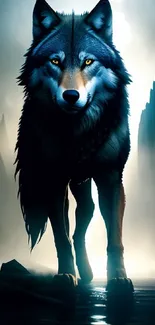 A mystic wolf standing in a dark, misty night landscape.