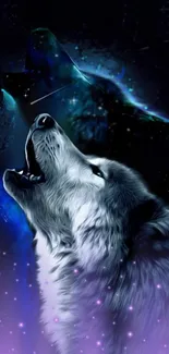 Howling wolf with cosmic blue and purple hues in a mystic night scene wallpaper.