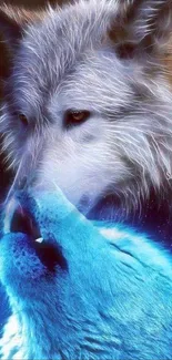 Mystic wolves with blue and white fur in artistic mobile wallpaper.