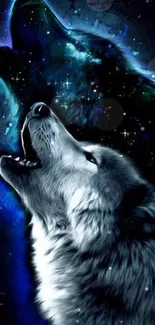 Majestic wolf howling under starry night sky wallpaper.