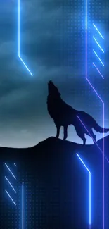 Mystical wolf silhouette with neon blue and purple lines.