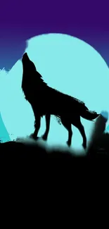 Howling wolf silhouette with blue moon backdrop on mobile wallpaper.