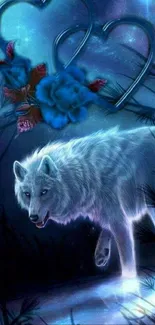 Mystic wolf in a moonlit forest with blue roses and heart motifs.