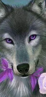 Mystic gray wolf holding purple and pink flowers in enchanting nature art.