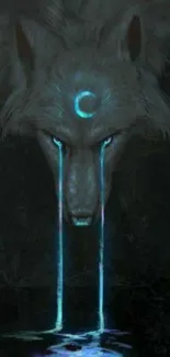 Mystical wolf with glowing eyes and moon symbol on dark background.