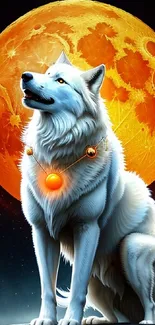 White wolf under a vibrant orange moon with a night sky backdrop.