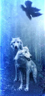 Mystical wolves in a glowing enchanted forest wallpaper.