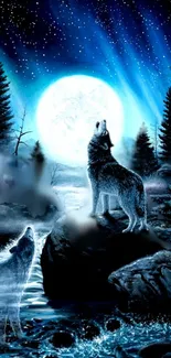 Wolves howling under a bright moon in a mystical nighttime forest scene.