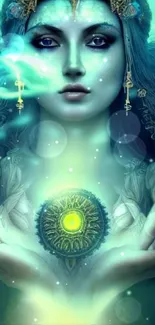 Mystic woman with glowing orb fantasy wallpaper.