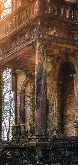 Abandoned gothic mansion wallpaper with sunlit exterior.