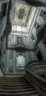 Eerie abandoned staircase with intricate architectural details.