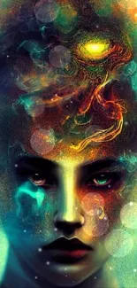 Abstract mystical face in vibrant colors with surreal textures.