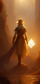 A lone adventurer in a glowing orange canyon, bathed in mystical light.