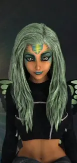 Green-haired fairy with wings against dark backdrop.