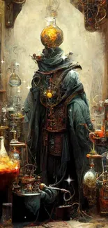 Mystical alchemist surrounded by ornate laboratory equipment.