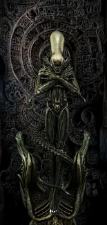 Mystical alien statue art with dark ancient patterns.