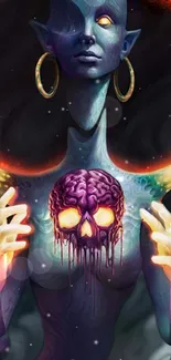 Mystical alien holding vibrant skull in surreal artwork.