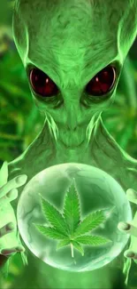 Alien with red eyes holds a crystal ball with cannabis leaf.