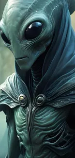 Mystical alien creature in a teal cloak, sci-fi art wallpaper.